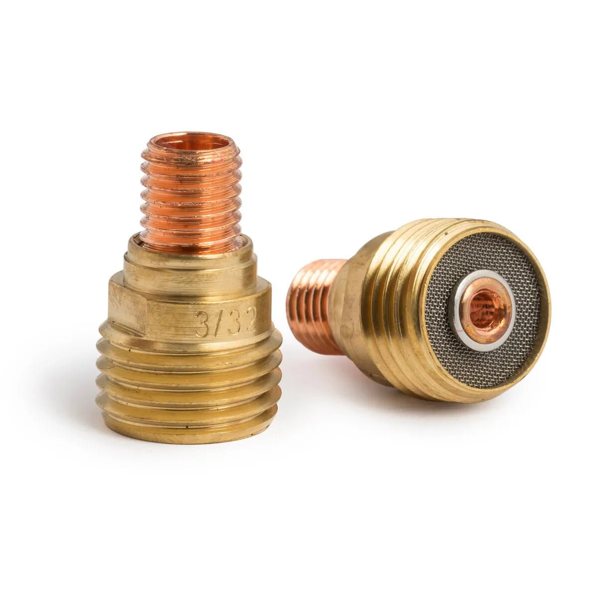 Two Lincoln Caliber Gas Lens 3/32 (2.4 mm) KP4753-332-B10 for 9/20 torches are shown on a white background—one upright showing copper/brass threads, the other lying down to reveal its mesh screen. Pack of 10.