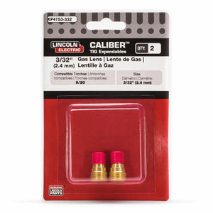 A retail package of Lincoln Caliber Gas Lens 3/32 (2.4 mm) for 9/20 torches (2/pack, KP4753-332) contains two brass and pink parts, shown on a white background with details on gas coverage and quantity in multiple languages.