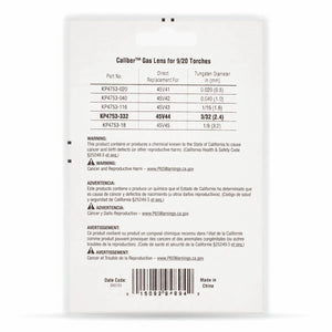 The image displays the back of a Lincoln Caliber Gas Lens 3/32 (2.4 mm), 9/20 Torches 2/pack KP4753-332 package, listing part numbers, tungsten sizes, gas coverage info, a California Prop 65 warning, and black text on white background.