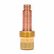 A close-up of the Lincoln Caliber Gas Lens 5/32 (4.0 mm) for 17/18/26 torches (KP4754-532-B10), showing its copper-colored top tube, fine threading, and brass-toned lower section with a textured grip, upright on a white background.
