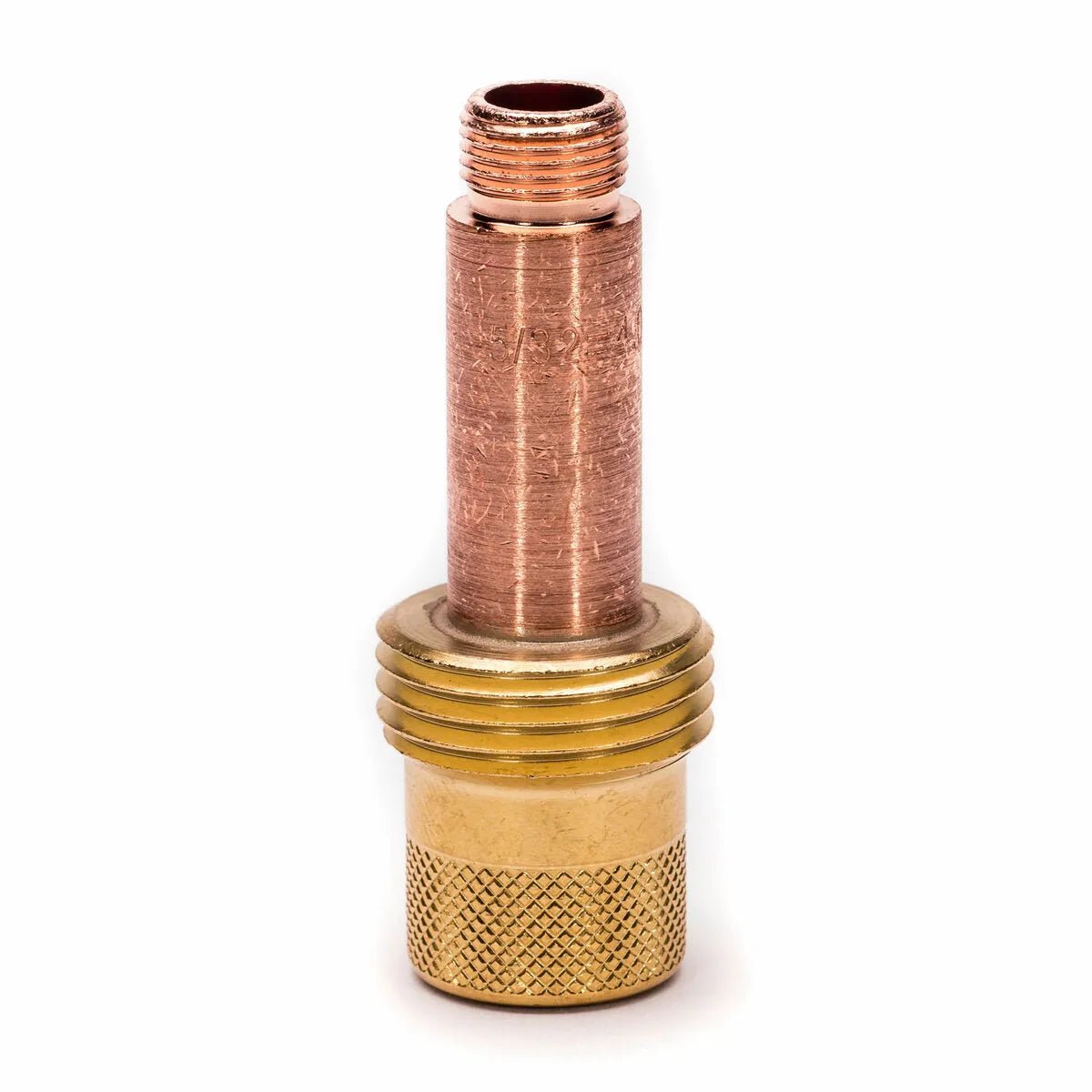 A close-up of the Lincoln Caliber Gas Lens 5/32 (4.0 mm) for 17/18/26 torches (2/pack, KP4754-532), with a knurled grip and copper threaded shaft—designed to enhance shielding gas coverage—shown against a white background.