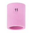 A pink cylindrical Lincoln Caliber Gas Lens Cup #11 (KP4758-11-B10) for 17/18/26 torches has smooth edges, a black 11 marking, and an open, hollow base. Comes in a 10-pack, shown on a plain white background.