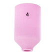 A Lincoln Caliber Gas Lens Cup #4 for 17/18/26 Torches (KP4758-4-B10), pink ceramic and cylindrical with a narrower bottom, features the number 4 in black near the top; pictured on a plain white background. Pack of 10.