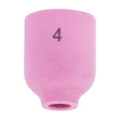 The Lincoln Caliber Gas Lens Cup #4 (KP4757-4-B10) for 9/20 torches is a pink ceramic, rounded cylindrical nozzle with a black 4 near the top, shown on a plain white background. Sold in packs of 10.