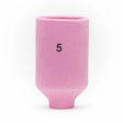 The Lincoln Caliber Gas Lens Cup #5 (KP4758-5-B10), for 17/18/26 torches, is a pink ceramic cylindrical cup with a matte finish and black number 5 marking. Supplied as a 10-pack, its ideal for precise shielding gas setups. Plain white background.