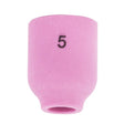 The Lincoln Caliber Gas Lens Cup #5 (KP4757-5) is a smooth, matte pink ceramic nozzle with rounded edges and a narrow base. Number 5 is printed near the top. Compatible with 9/20 torches, it helps reduce weld defects. Sold as a 2-pack.