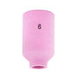 The Lincoln Caliber Gas Lens Cup #6 (KP4758-6-B10) is a pink ceramic cup for 17/18/26 torches with a cylindrical, tapered shape and black 6 marking. Pack of 10. Designed to optimize shielding gas flow. Plain white background.