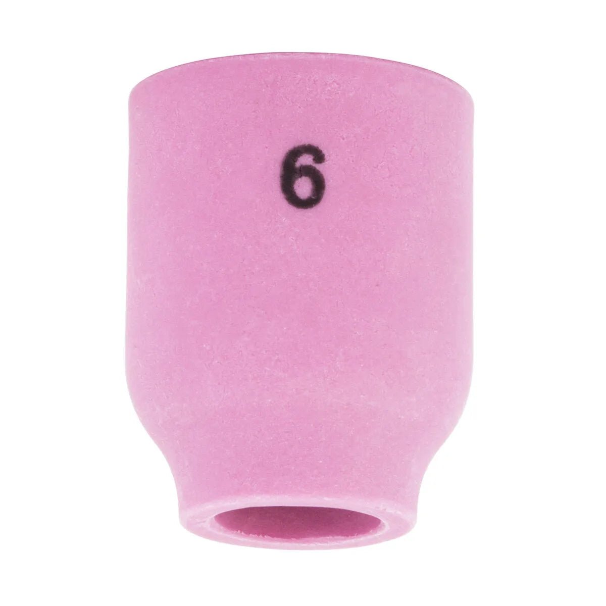 The Lincoln Caliber Gas Lens Cup #6 for 9/20 Torches (KP4757-6-B10, 10/pack) is a pink ceramic cylindrical cup with a narrow bottom opening and black 6 marking, shown on a white background for optimal gas coverage.