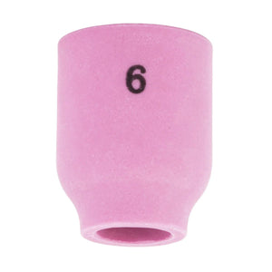 The Lincoln Caliber Gas Lens Cup #6 (KP4757-6) is a pink ceramic cup for 9/20 torches, featuring a black 6 on the top. Sold in a 2-pack, it has a cylindrical shape with a flared base and fits snugly in welding applications.