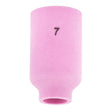 The Lincoln Caliber Gas Lens Cup #7 (KP4758-7-B10) for 17/18/26 torches is pink ceramic with a matte, textured finish. It’s cylindrical and slightly tapered at the base, with the number 7 in black near the top, shown isolated on white. Pack of 10.