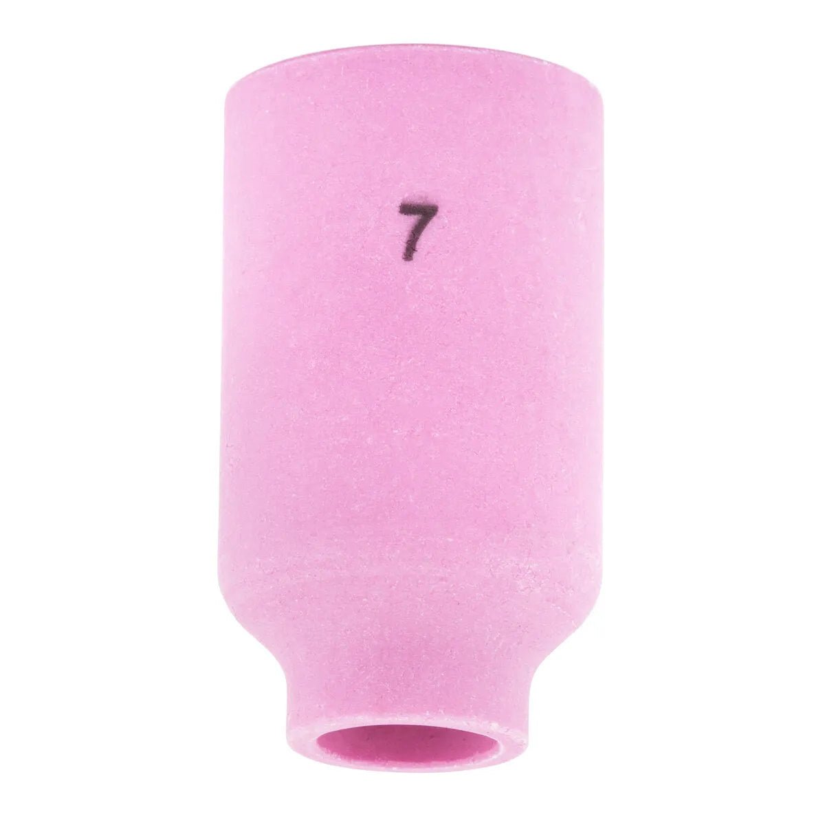 The Lincoln Caliber Gas Lens Cup #7 (KP4758-7) is a pink ceramic cup for 17/18/26 torches, featuring a cylindrical shape with a central hole and the number 7 printed on its side. Designed for optimal shielding gas flow. Sold in 2-pack.