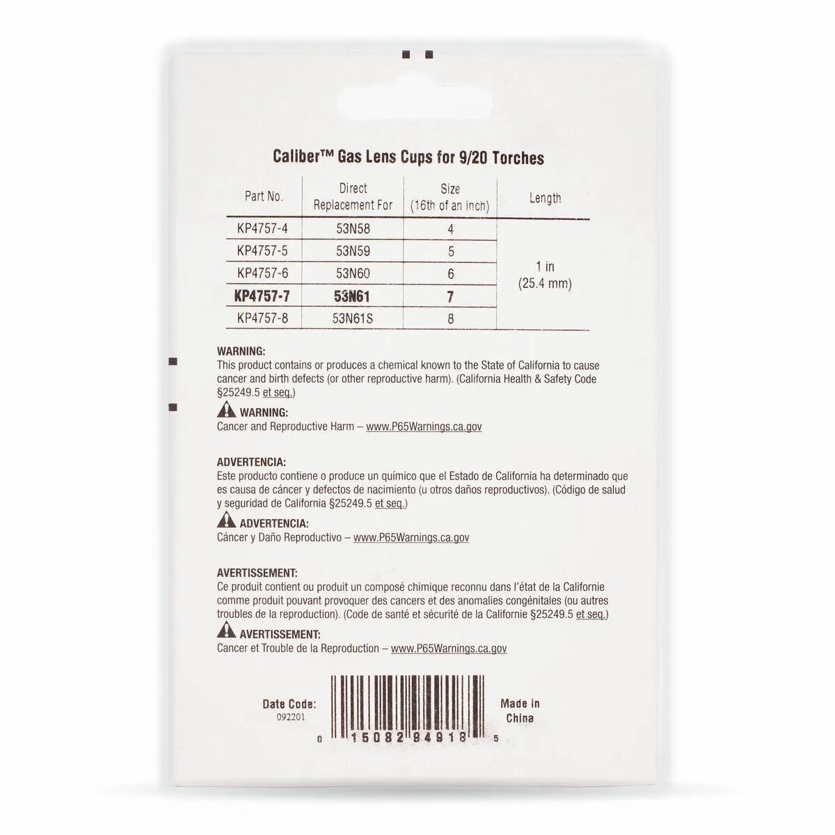 Back view of Lincoln Caliber Gas Lens Cup #7 (KP4757-7) for 9/20 Torches, 2-pack. White label lists part number, cup size, quantity, chemical warnings, barcode, manufacturing info, and origin: China.