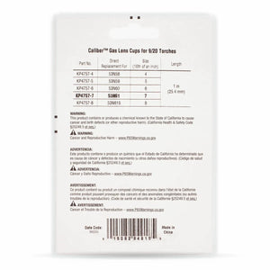 Back view of Lincoln Caliber Gas Lens Cup #7 (KP4757-7) for 9/20 Torches, 2-pack. White label lists part number, cup size, quantity, chemical warnings, barcode, manufacturing info, and origin: China.