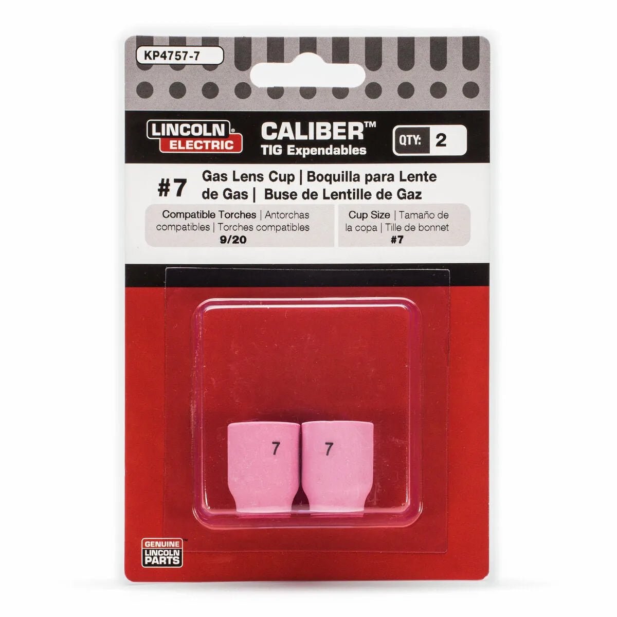A retail pack of Lincoln Caliber Gas Lens Cup #7 for 9/20 Torches (2/pack, KP4757-7) features two pink cups visible through clear plastic, with product info in English and Spanish and the part number at the top.