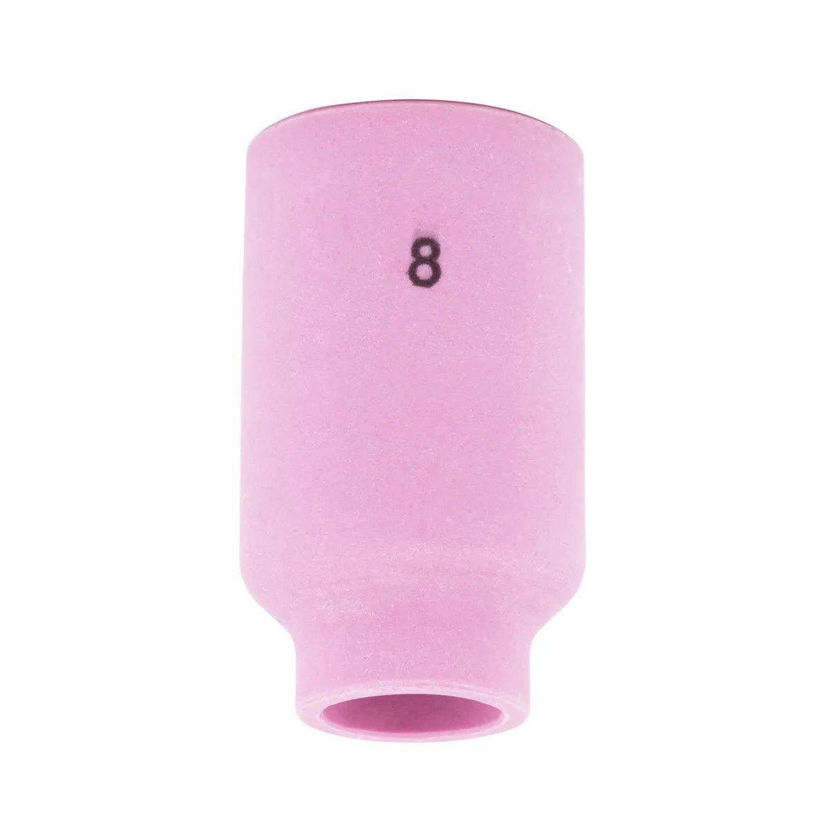 The Lincoln Caliber Gas Lens Cup #8 (KP4758-8-B10) for 17/18/26 torches is a pink ceramic cup with a cylindrical shape that narrows at the bottom and has 8 printed in black near the top, designed to optimize shielding gas flow. Pack of 10 shown on white background.