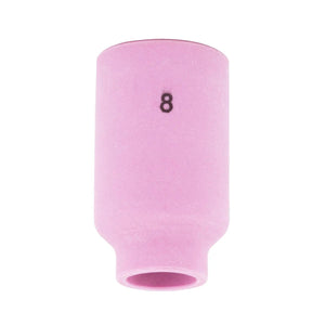 The Lincoln Caliber Gas Lens Cup #8 (KP4758-8) is a pink ceramic cup for 17/18/26 torches, with a flared opening, cylindrical shape, and bold black #8 marking, designed to optimize shielding gas. Pack contains 2 cups.