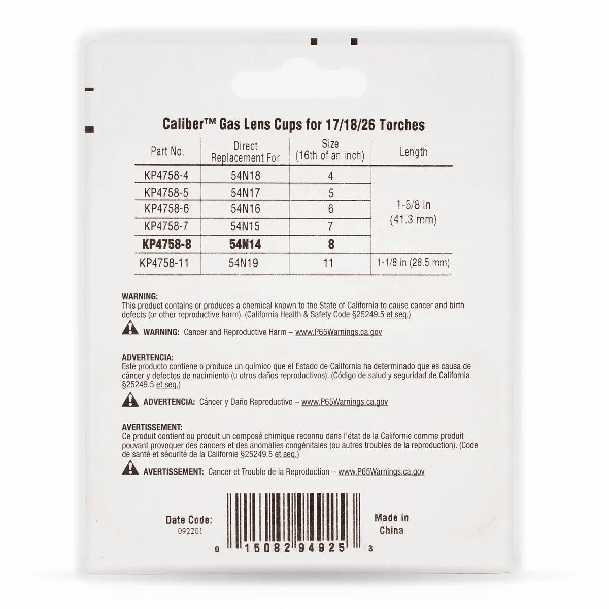 The image shows the back of a Lincoln Caliber Gas Lens Cup #8 2-pack (KP4758-8) for 17/18/26 Torches, listing part numbers, sizes, quantities, fit details, shielding gas warnings, and a barcode on a white background with black text.