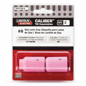 A 2-pack of Lincoln Caliber Gas Lens Cup #8 (KP4758-8) fits 17/18/26 torches, comes in a plastic case with a bilingual label (English, Spanish, French), and contains two pink cups for shielding gas.