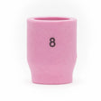 The Lincoln Caliber Gas Lens Cup #8 for 9/20 Torches (2/pack, KP4757-8) is a pink ceramic, cylindrical cup with a flared base and a black printed 8, designed for optimal shielding gas coverage. It has a smooth matte finish and plain white background.