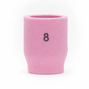 The Lincoln Caliber Gas Lens Cup #8 for 9/20 Torches (2/pack, KP4757-8) is a pink ceramic, cylindrical cup with a flared base and a black printed 8, designed for optimal shielding gas coverage. It has a smooth matte finish and plain white background.