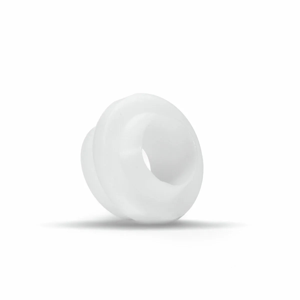 A white Lincoln Caliber Insulator Gas Lens KP4748-GL-B10 with a flared edge and hollow center is shown. Designed for 17/18/26 Torches, this smooth plastic bushing comes in a 10-pack and suits gas lens setups.