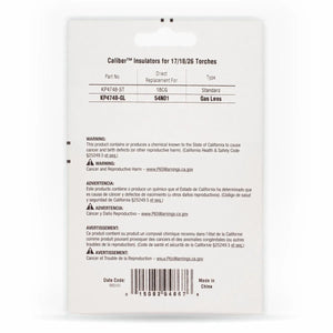 Back of Lincoln Caliber Insulator Gas Lens 17/18/26 Torches 2/pk KP4748-GL package with product details, part number, description, replacement info, Prop 65 warning (EN/ES), website links, and barcode.