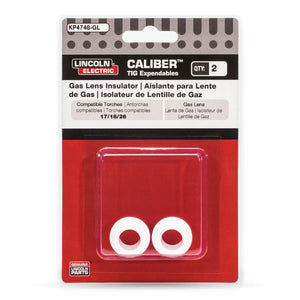 A package labeled Lincoln Caliber Insulator Gas Lens, 17/18/26 Torches 2/pack KP4748-GL features two white gas lens insulators in red, black, and white packaging with a clear window and text in English, Spanish, and French.