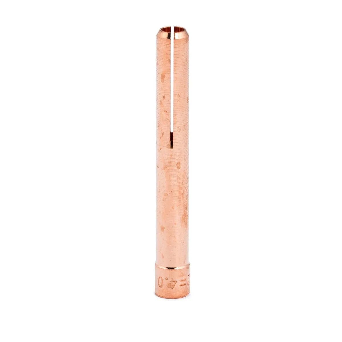 A Lincoln Caliber Stubby Collet .040 (1.0 mm) for 17/18/26 torches stands upright on a white background, featuring a copper color, a vertical slot, and engraved 40 marking at its base; 3-pack KP4761-040.