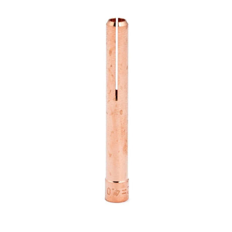 The Lincoln Caliber Stubby Collet 1/16 (1.6 mm), KP4761-116, fits 17/18/26 torches and has a cylindrical copper design with a narrow vertical slit, textured surface, and 4.0 near the base. Sold as a 3-pack on plain white background.