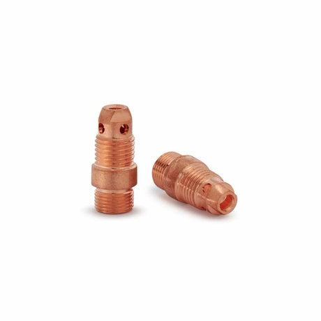Two Lincoln Caliber Stubby Collet Bodies for 17/18/26 torches (KP4763-1), copper-colored, are shown on a white background—one upright, one lying down—displaying their precision holes and ridged cylindrical design. Pack of 2.