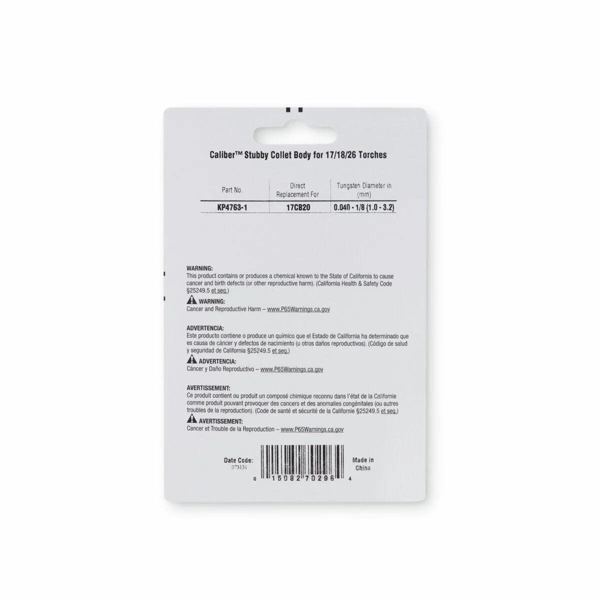 Back of Lincoln Caliber Stubby Collet Body 17/18/26 Torches 2/pack KP4763-1 shows part numbers, sizes, and warnings. Includes directions in English, Spanish, and French. Barcode and manufacturing details are at the bottom.