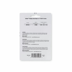 Back of Lincoln Caliber Stubby Collet Body 17/18/26 Torches 2/pack KP4763-1 shows part numbers, sizes, and warnings. Includes directions in English, Spanish, and French. Barcode and manufacturing details are at the bottom.