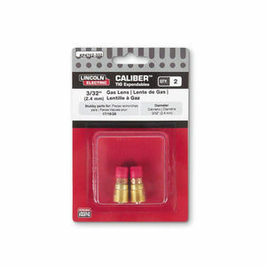 The Lincoln Caliber Stubby Gas Lens 3/32 (2.4 mm) KP4762-332 is a 2-pack for TIG welding with 17/18/26 torches, packaged in a clear blister pack with red, black, and white design.