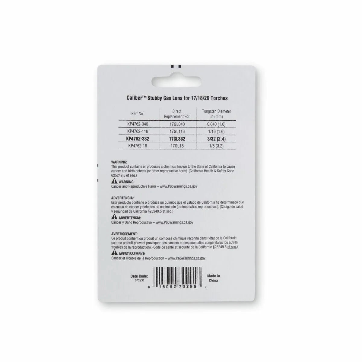 The white package for the Lincoln Caliber Stubby Gas Lens 3/32 (2.4 mm), 17/18/26 Torches 2/pack KP4762-332 displays TIG part numbers and specs at the top, multilingual warnings below, and a centered hanger hole.
