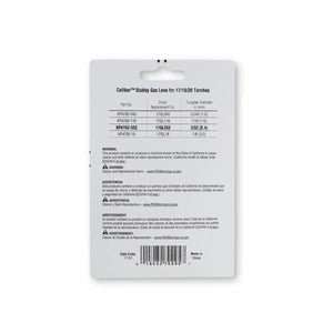 The white package for the Lincoln Caliber Stubby Gas Lens 3/32 (2.4 mm), 17/18/26 Torches 2/pack KP4762-332 displays TIG part numbers and specs at the top, multilingual warnings below, and a centered hanger hole.