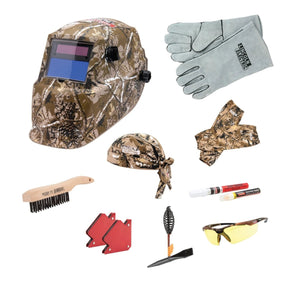 Lincoln Camo Welding Helmet Kit K4738-1 with auto-darkening helmet, gloves, magnets, safety glasses, and more on white background.