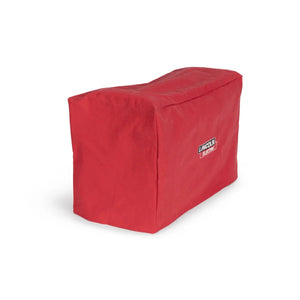 A Lincoln CanVAS Cover (Small-Medium) K2377-2 in bright red flame-retardant canvas with stitched edges covers an object. The small Lincoln Electric logo is centered on the side, shown against a plain white background.