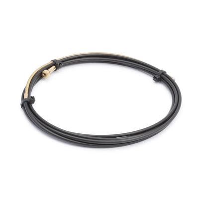 The Lincoln Cbl Liner Aluminum .035 in (0.9 mm) KP1959-1 features a coiled black cable with a brass connector, flexible metallic aluminum liner on one end, and two black cable ties, displayed on a white background.