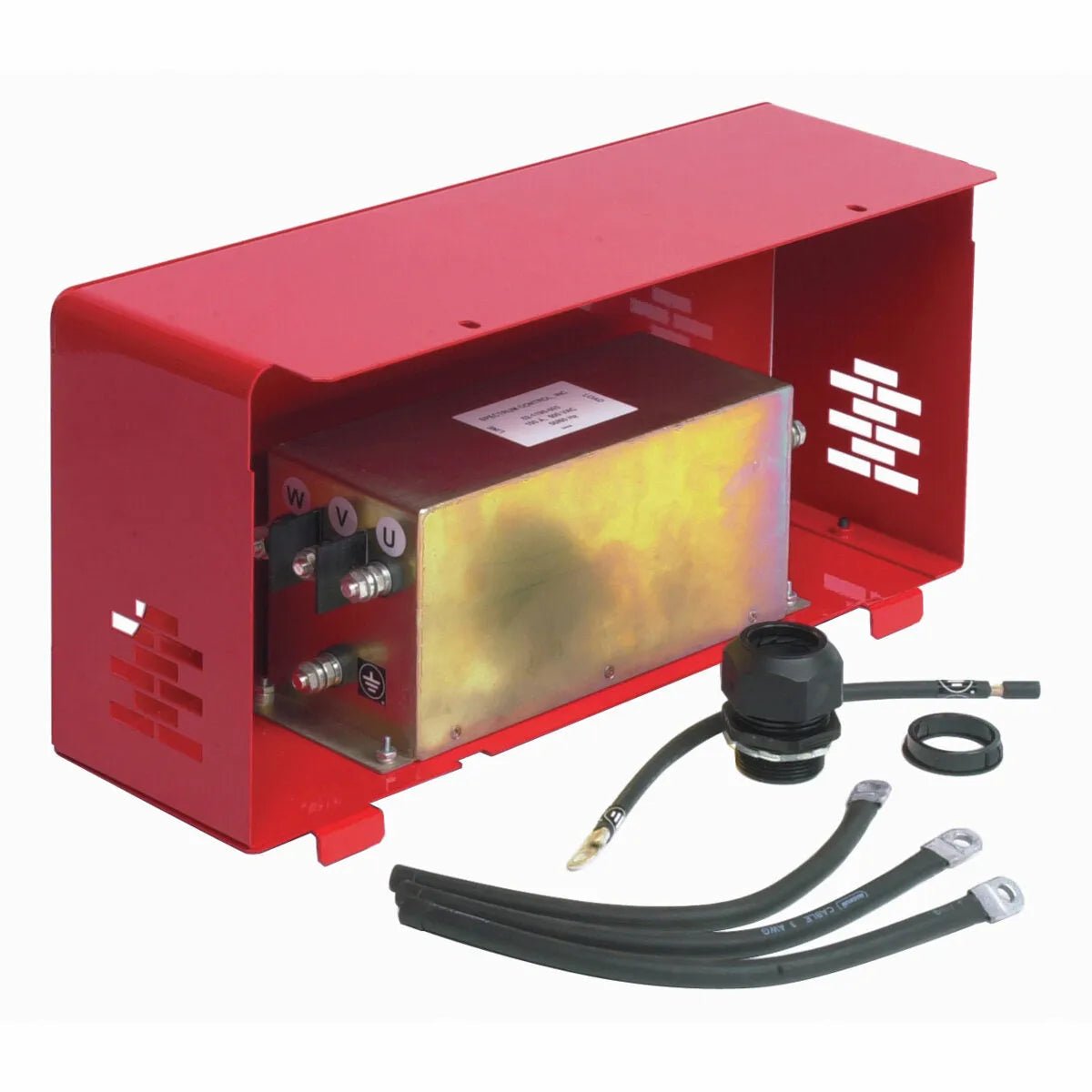 A red metal enclosure with vent slits partially covers a Lincoln CE Filter Kit K2444-3. In front, three black cables, a large connector, and a small circular clamp are displayed on a white background, meeting EMC standards.