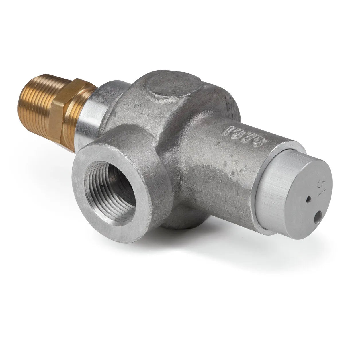 The Lincoln Check Valve Kit for Air Vantage 500 K3085-1 features a silver metal pressure relief valve with a cylindrical body, threaded brass and steel ports, engraved numbering, and a small round end cap with two holes.