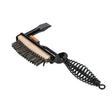 The Lincoln Chipping Hammer & Wire Brush Combo K4021-1 features a metal wire bristle head for welding slag removal, sturdy scraper, beige wooden accent, coiled metal handle with hanging loop, and angled design for effective cleaning.