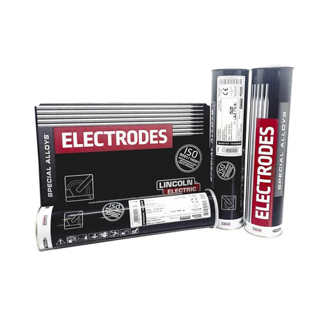 Lincoln Electric Chromet R 9 welding rods in black containers and box, low alloy consumables for welding tools, on white background.