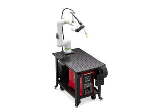Lincoln ClassMate CRX-10iA Cobot Trainer for welding automation, mobile white robotic arm on black worktable from WeldingMart.