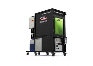 Lincoln ClassMate Laser Welding Trainer AD2446-15: wheeled welding machine with control panels, green window, for training.