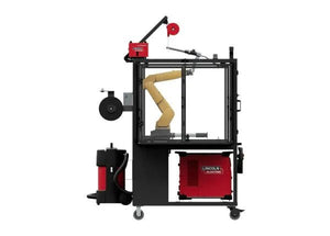 Lincoln ClassMate M Robotic Trainer AD2446-20 with yellow robotic welding arm, safety case, red equipment, and control panels.