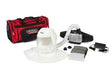 Lincoln Clear Shield HE PAPR w/ Extended Battery K4886-3 welding respirator hood, filters, hose, and red bag on white background.