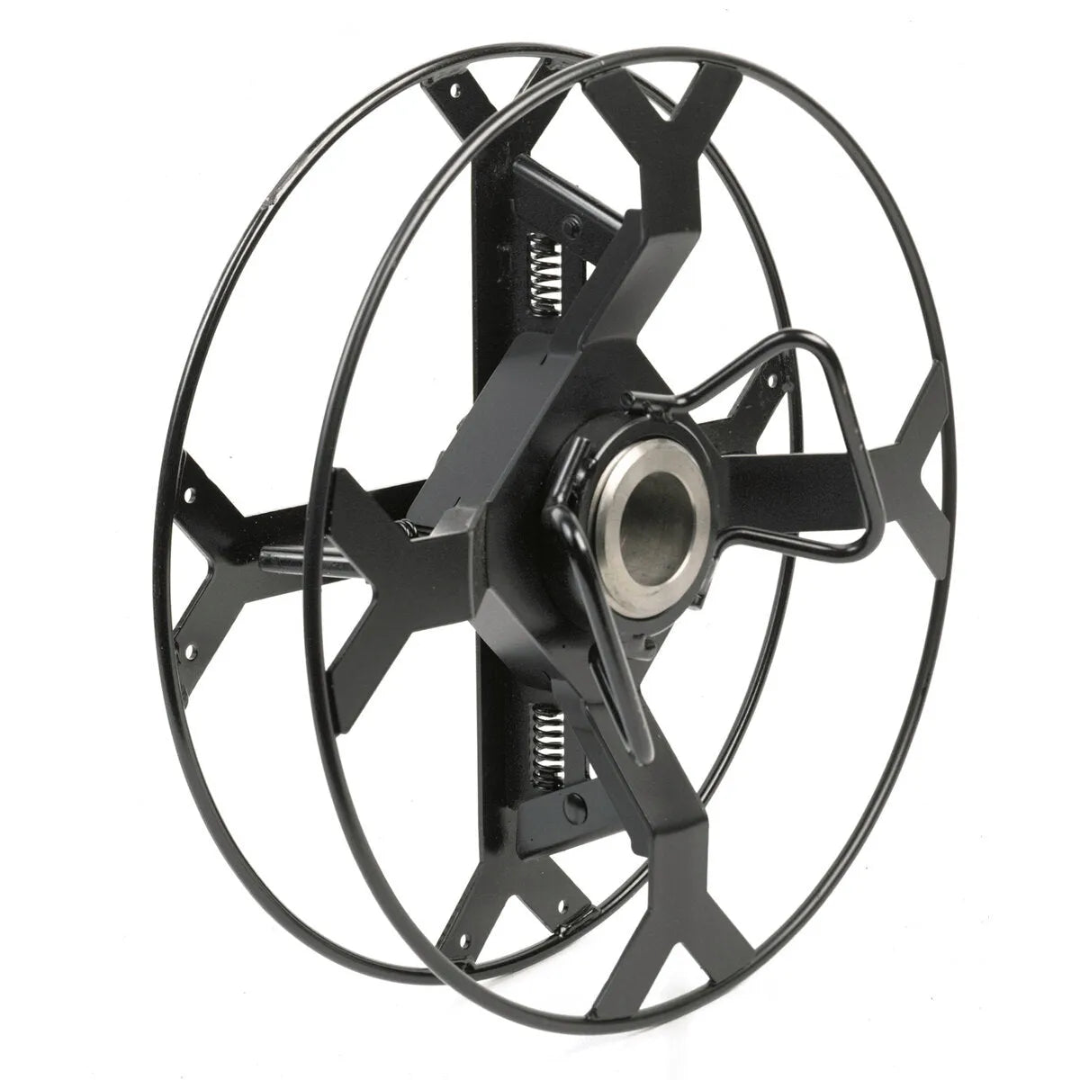 The Lincoln Coil Adapter 60 lb. K1504-1 features a black metal, open circular frame with hexagonal cutouts, exposed spool and screws, visible springs, and a metal handle—its precise design displayed against a plain white background.