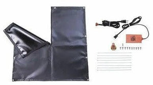The Lincoln COLD WEATHER HEATER AND TARP KIT (CUMMINS) K2359-1 is shown on a white background, including a black rectangular heating mat with grommet holes, power cord, control unit, screws, and metal rods for easy installation.