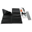 A black, rectangular heating mat from the Lincoln Cold Weather Kit for Perkins Engines K2679-1 features edge grommets. Nearby are a power cord, orange control box, mounting hardware, zip ties, screws, washers, and a clamp on a white background.