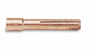 A copper or bronze cylindrical tube with a solid end and a long side slit, shown on white background; it resembles the Lincoln COLLET 1/8 KP2029-5B1 13n24 and functions as an electrical connector or ferrule.